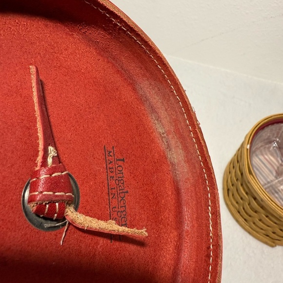LONGABERGER Woven Sewing Basket with Red Leather Lid and Inserts - Picture 13 of 14
